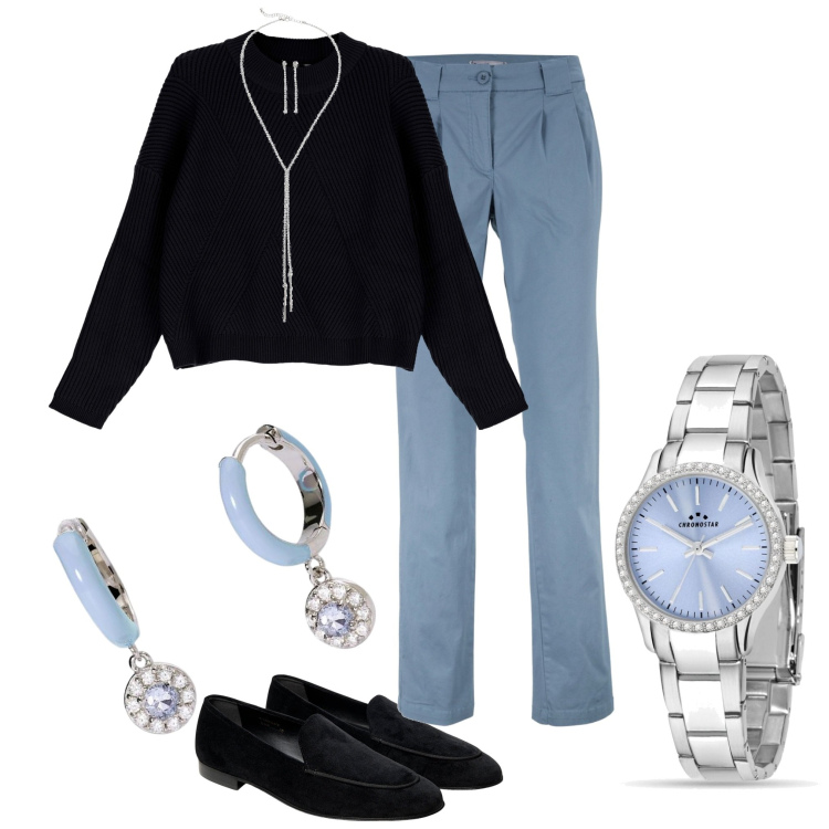 Outfit donna - Cielo. Stile Casual chic per Tutti i giorni. Abbinamento con pantaloni chino, collane, orologi, orecchini, pullovers, mocassini.