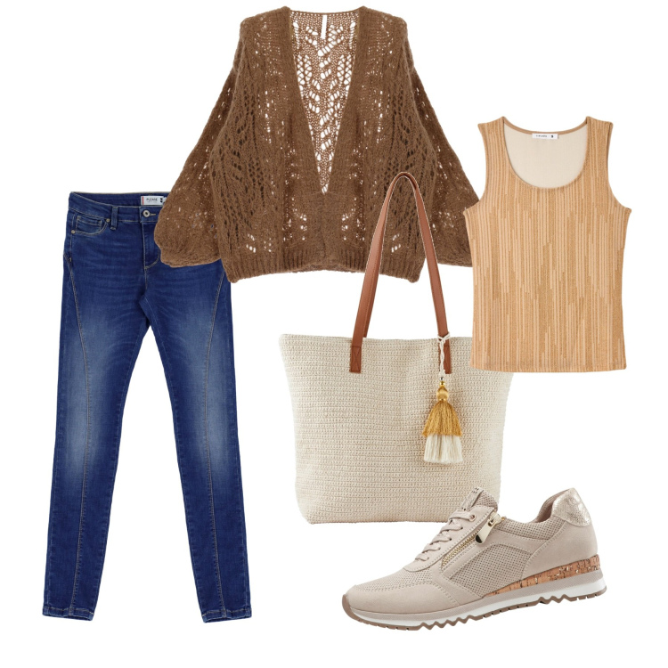 Outfit donna - Total look #1822275. Stile Casual per Tutti i giorni. Abbinamento con sneakers, shopping bag, canottiere, jeans, cardigans.
