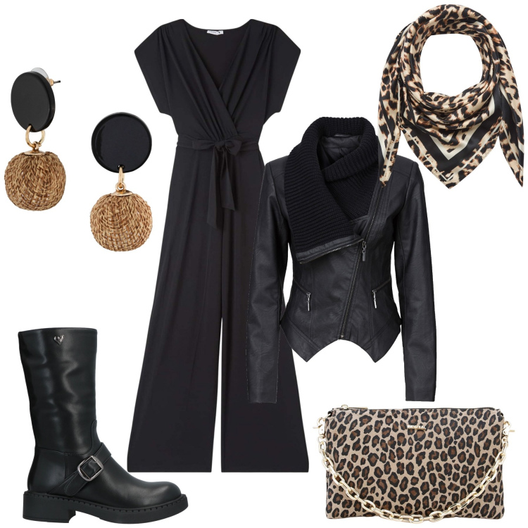 Outfit donna - Bon ton dall’anima rock. Stile Trendy per Serata fuori. Abbinamento con stivaletti, blazer, orecchini, tute, foulard, pochette.