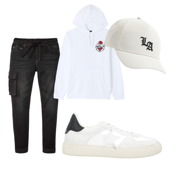Outfit uomo - Total look #1822288. Stile Casual per Tutti i giorni. Abbinamento con jeans slim fit, sneakers, felpe con cappuccio, cappelli.