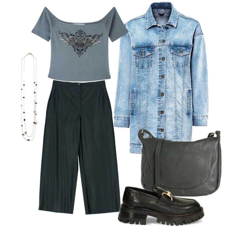 Outfit donna - Ghost outfitter - febbraio. Stile Casual per Tutti i giorni. Abbinamento con cappotti, borse a tracolla, t-shirt, mocassini, pantaloni a palazzo, collane.