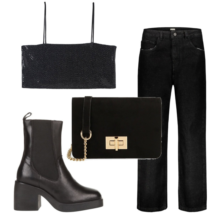 Outfit donna - Total look #1822306. Stile Trendy per Serata fuori. Abbinamento con stivaletti chelsea, borse a tracolla, jeans, top.