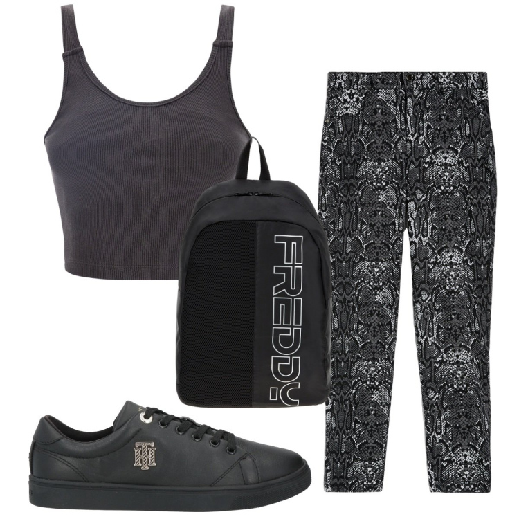 Outfit donna - Total look #1822317. Stile Basic per Sport. Abbinamento con sneakers, zaini, jeans skinny, top.