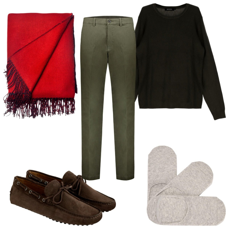 Outfit uomo - Una sciarpa rossa. Stile Trendy per Tutti i giorni. Abbinamento con calzini, pullovers, sciarpe, scarpe stringate, pantaloni.