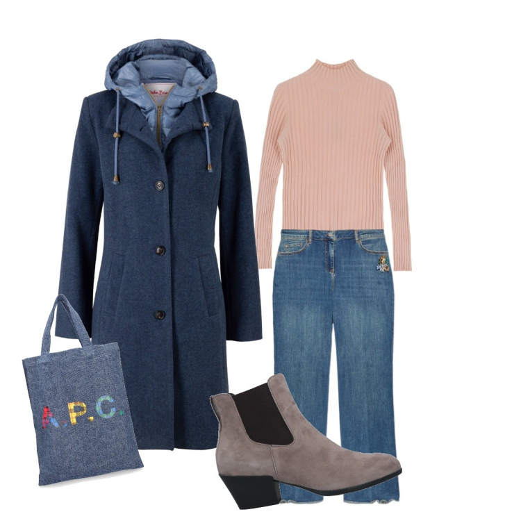 Outfit donna - Total look #1822324. Stile Casual chic per Tutti i giorni. Abbinamento con cappotti, stivaletti chelsea, maglieria, jeans dritti, shopping bag.