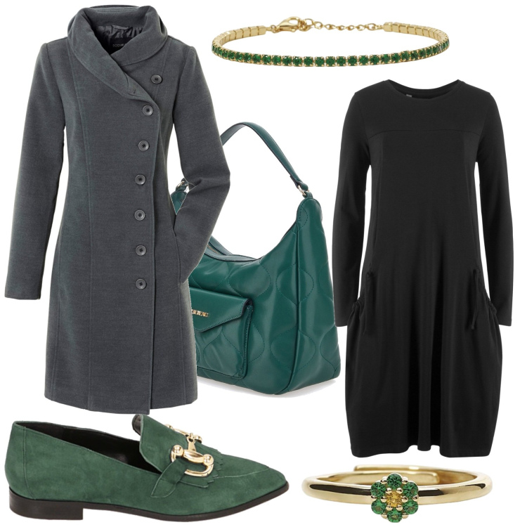 Outfit donna - Passeggiata Romantica. Stile Casual per Tutti i giorni. Abbinamento con cappotti, vestiti midi/longuette, anelli, braccialetti, mocassini, borse a spalla.