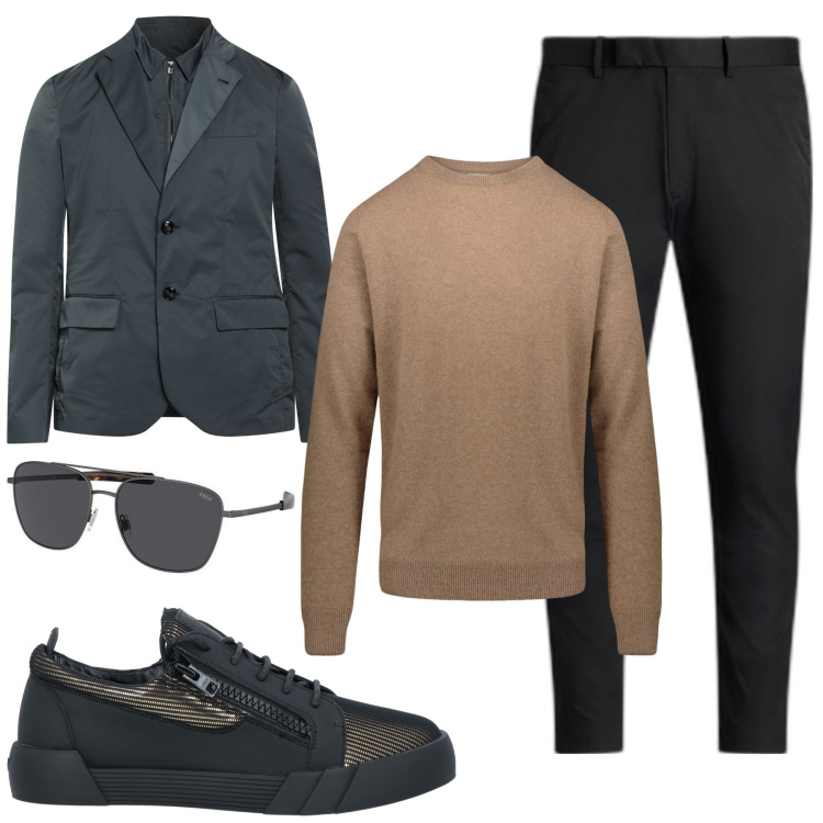 Outfit uomo - Classico e comodo. Stile Trendy Abbinamento con sneakers, giacche, pantaloni, occhiali da sole, maglieria.