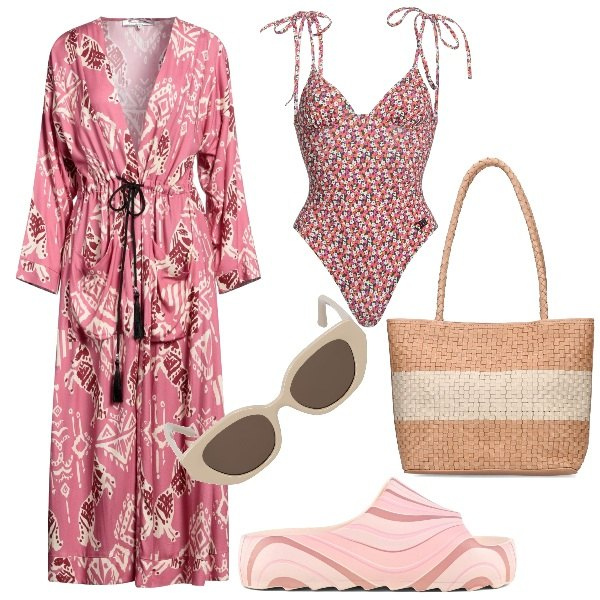 Outfit donna - Voglia d\'estate. Stile Vintage retrò per Mare. Abbinamento con costumi interi, vestiti lunghi, ciabatte, shopping bag, occhiali da sole.