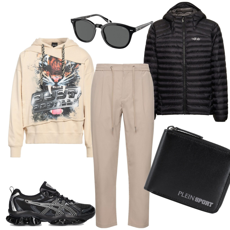 Outfit uomo - Total look #1822370. Stile Casual per Tutti i giorni. Abbinamento con occhiali da sole, felpe con cappuccio, portafogli, pantaloni, piumini, sneakers.