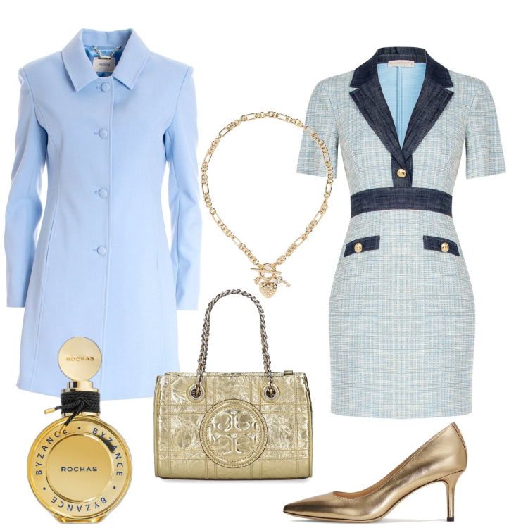 Outfit donna - Cappotto color celeste. Stile Chic per Cerimonia. Abbinamento con profumi, vestiti a tubino, cappotti, décolleté, ciondoli, borse a mano.