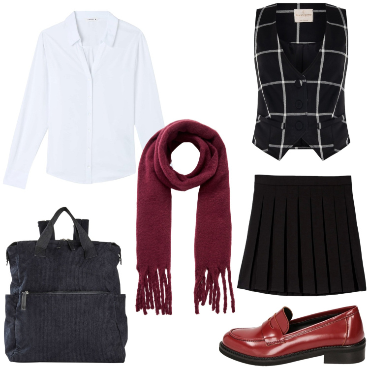 Outfit donna - Preppy. Stile Preppy per Scuola/Università. Abbinamento con zaini, minigonne, camicie, sciarpe, gilet, mocassini.