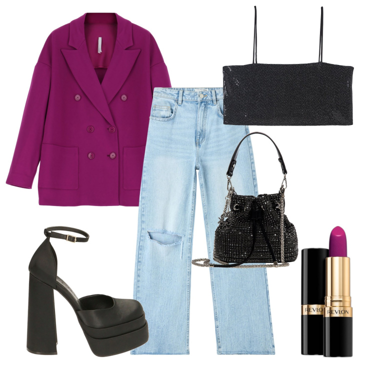 Outfit donna - Maxi blazer for the night. Stile Glamour per Serata fuori. Abbinamento con rossetti, jeans strappati, top, borse a secchiello, blazer, décolleté.