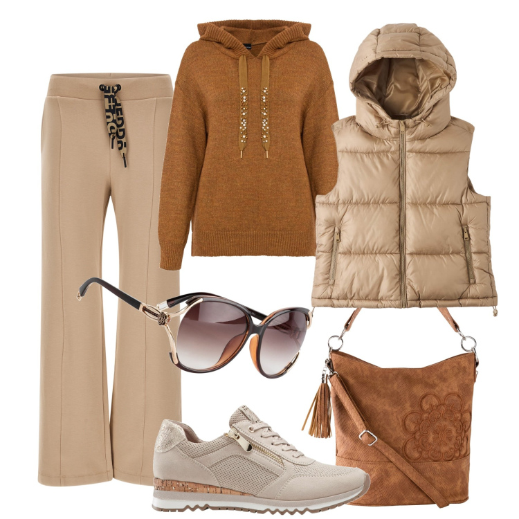 Outfit donna - Passeggiata. Stile Casual per Tutti i giorni. Abbinamento con sneakers, borse a mano, occhiali da sole, maglieria, piumini, pantaloni.