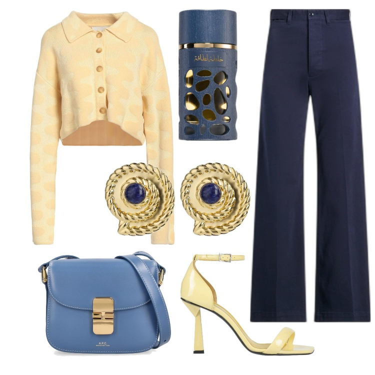 Outfit donna - Sì al giallo. Stile Glamour per Tutti i giorni. Abbinamento con profumi, sandali col tacco, cardigans, pantaloni, orecchini, borse a spalla.