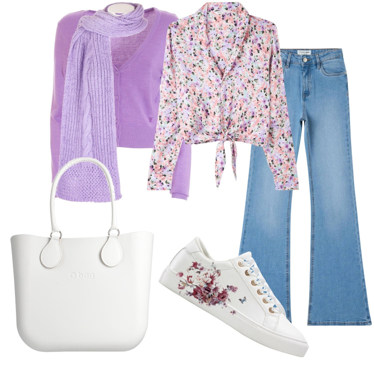 Outfit donna - Sporty chic. Stile Sporty chic per Tutti i giorni. Abbinamento con sneakers, borse a mano, jeans a zampa, camicie, cardigans, sciarpe.