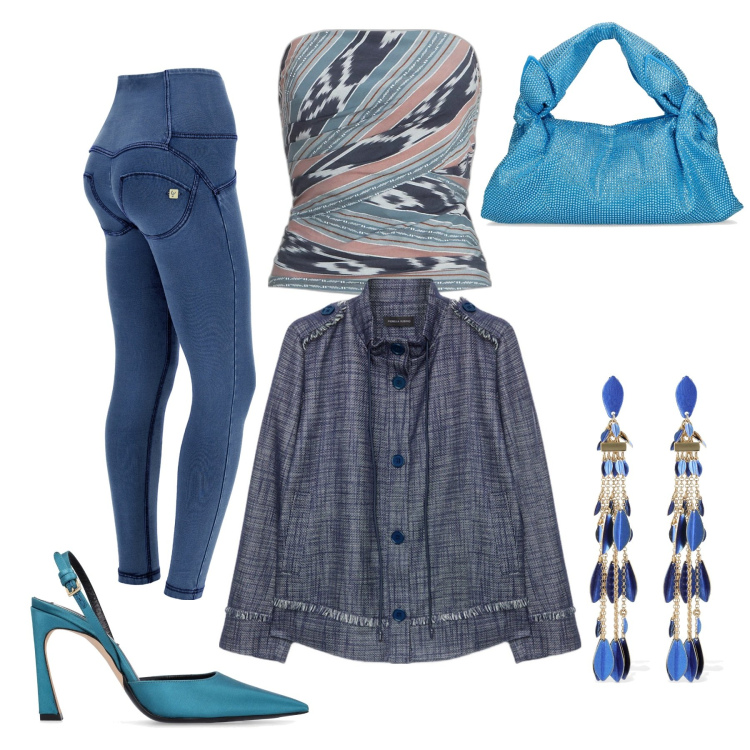 Outfit donna - Primo outfit di primavera. Stile Casual chic per Ufficio. Abbinamento con jeggings, top, orecchini, blazer, décolleté, borse a mano.