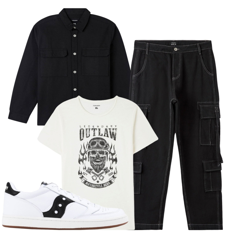 Outfit uomo - City. Stile Urban per Tutti i giorni. Abbinamento con sneakers, cappotti, pantaloni cargo, t-shirt.