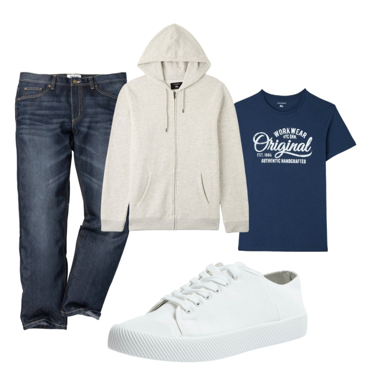 Outfit uomo - Total look #1822494. Stile Casual per Tutti i giorni. Abbinamento con jeans dritti, t-shirt, sneakers, felpe con cappuccio.