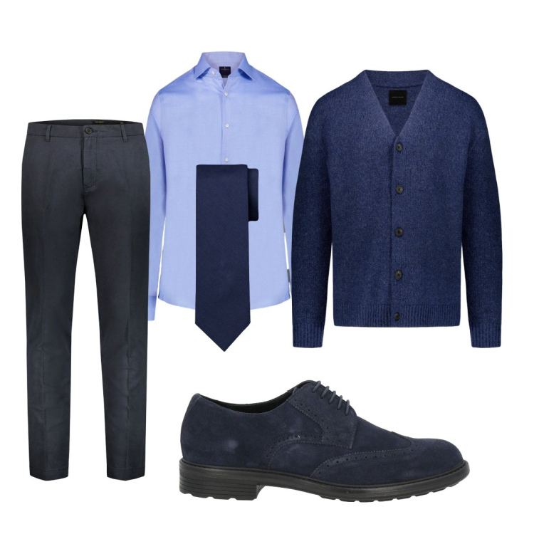 Outfit uomo - Il cardigan in ufficio. Stile Business/Elegante per Ufficio. Abbinamento con scarpe stringate, cardigans, camicie, pantaloni, cravatte.