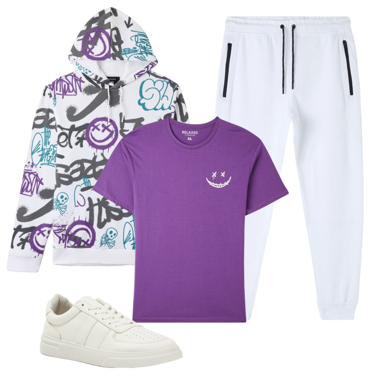 Outfit uomo - Comodità domenicale. Stile Urban per Tutti i giorni. Abbinamento con felpe con cappuccio, pantaloni, sneakers, t-shirt.