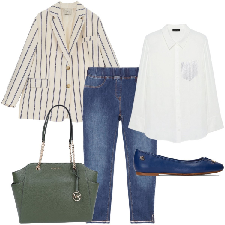 Outfit donna - Con le ballerine blu. Stile Casual chic per Ufficio. Abbinamento con borse a spalla, ballerine, blazer, jeggings, camicie.