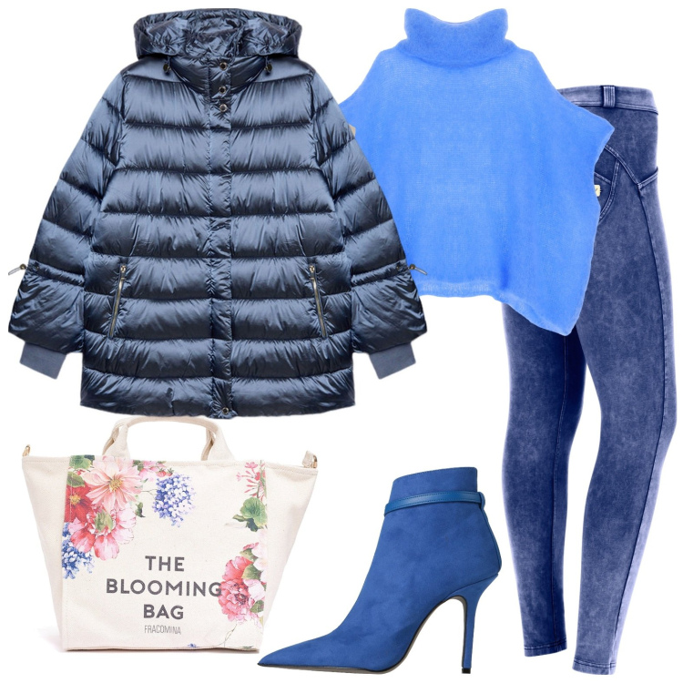 Outfit donna - Bluette. Stile Casual per Tutti i giorni. Abbinamento con stivaletti, borse tote, pantaloni skinny, pullovers, cappe, cappotti.