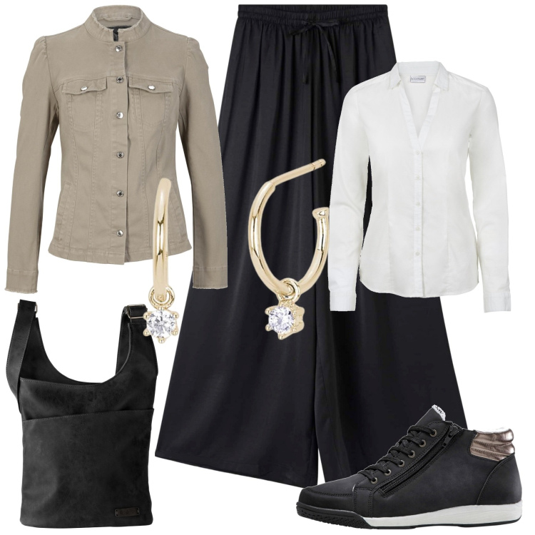 Outfit donna - Comoda. Stile Casual chic per Tutti i giorni. Abbinamento con camicie, sneakers alte, borse a tracolla, blazer, pantaloni a palazzo, orecchini.