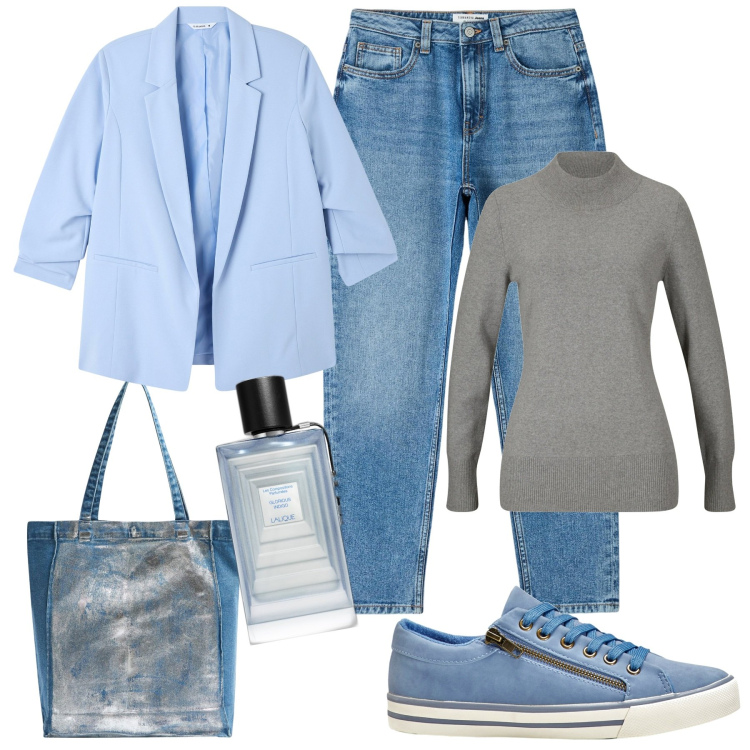Outfit donna - Azzurro cielo. Stile Casual chic per Tutti i giorni. Abbinamento con maglieria, sneakers, profumi, blazer, jeans mom, shopping bag.
