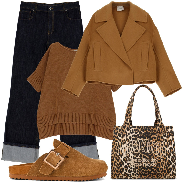 Outfit donna - Total look #1822550. Stile Casual chic per Tutti i giorni. Abbinamento con jeans, cappotti, pullovers, sabot, shopping bag.