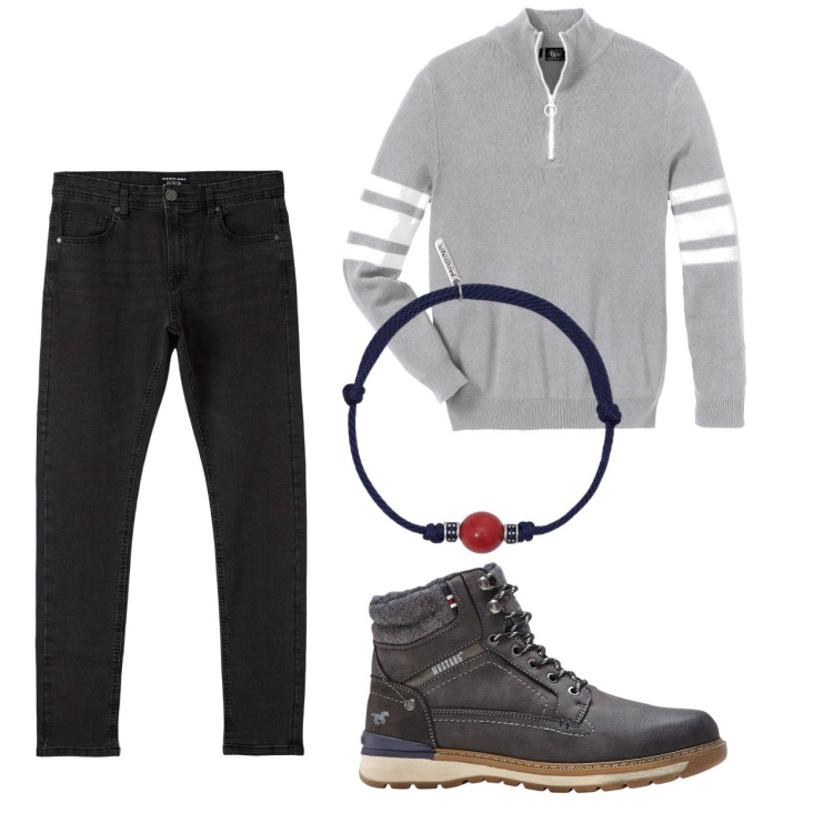 Outfit uomo - Semplice. Stile Casual per Tutti i giorni. Abbinamento con t-shirt sportive, stivali e stivaletti, jeans skinny, braccialetti.