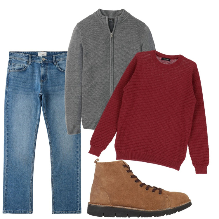 Outfit uomo - Un pullover rosso. Stile Casual per Tutti i giorni. Abbinamento con cardigans, stivali e stivaletti, jeans, pullovers.