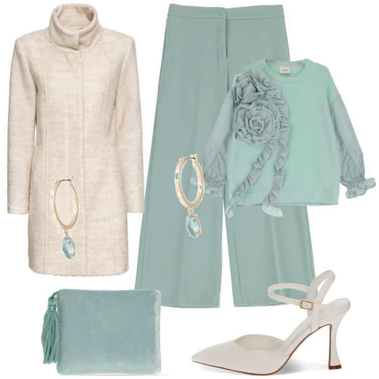Outfit donna - Cerimonia a febbraio. Stile Romantica per Cerimonia. Abbinamento con cappotti, orecchini, décolleté, felpe, pantaloni, pochette.