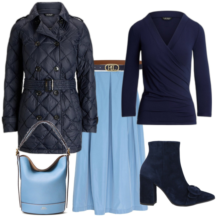 Outfit donna - Casual chic azzurro blu. Stile Casual chic per Ufficio. Abbinamento con stivaletti, cinture, trench, top, borse a secchiello, gonne.