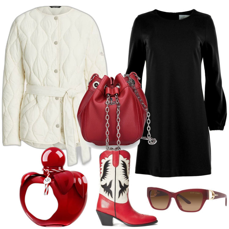 Outfit donna - In ufficio casual chic. Stile Casual chic per Ufficio. Abbinamento con profumi, occhiali da sole, stivaletti texani, giacche, vestiti midi/longuette, borse a mano.