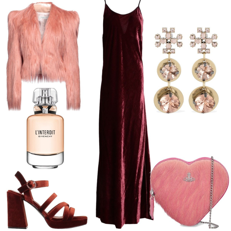 Outfit donna - Serata elegante. Stile Glamour per Serata fuori. Abbinamento con vestiti lunghi, sandali col tacco, cappotti, profumi, borse a spalla, orecchini.