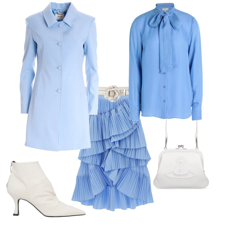Outfit donna - Azzurro cielo per una cerimonia. Stile Romantica per Cerimonia. Abbinamento con stivaletti, camicie, cappotti, gonne longuette, cinture, pochette.