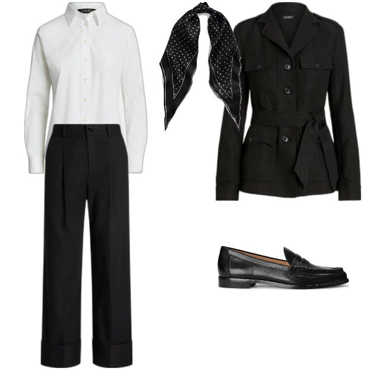 Outfit donna - Con il pantalone nero. Stile Mannish per Cerimonia. Abbinamento con camicie, mocassini, cappotti, foulard, pantaloni.