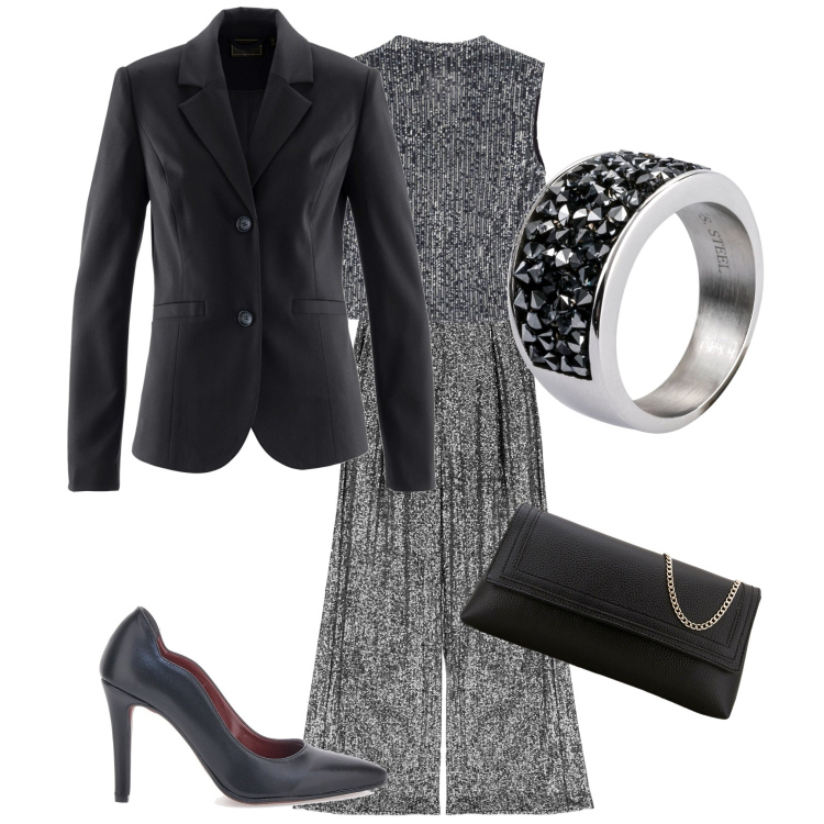Outfit donna - Paillettes. Stile Chic per Serata fuori. Abbinamento con anelli, blazer, pantaloni a palazzo, top, pochette, décolleté.