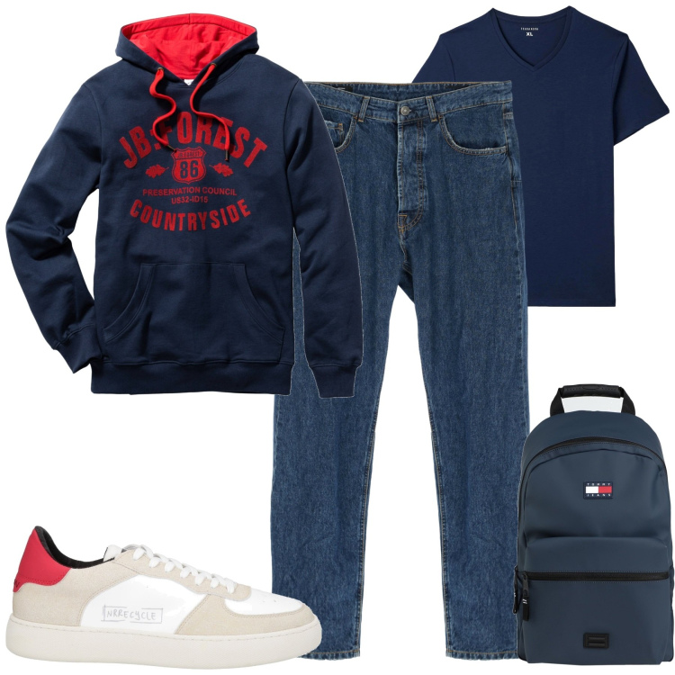 Outfit uomo - City. Stile Urban per Tutti i giorni. Abbinamento con felpe con cappuccio, sneakers, borse sportive, t-shirt, jeans dritti.