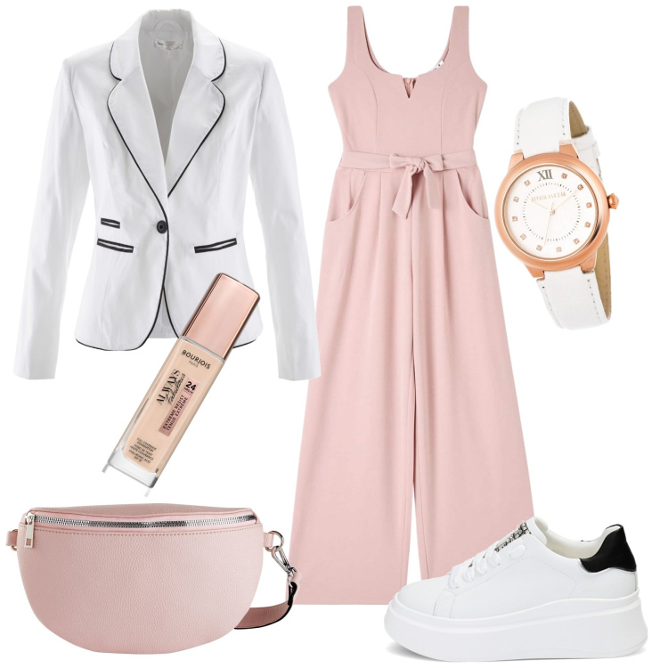Outfit donna - In città. Stile Trendy per Tutti i giorni. Abbinamento con blazer, marsupi, orologi, fondotinta, tute, sneakers.
