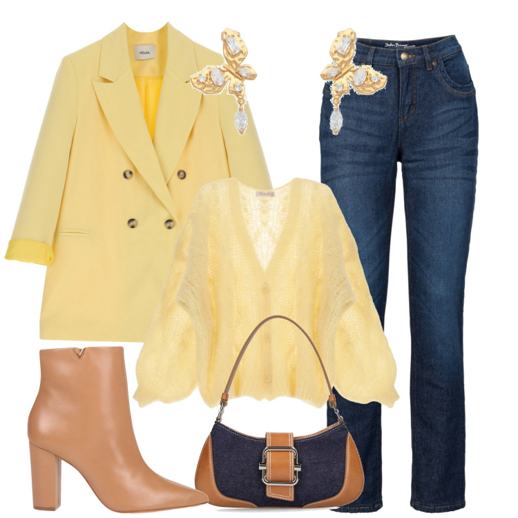 Outfit donna - Giallo chiaro. Stile Romantica per Tutti i giorni. Abbinamento con jeans dritti, orecchini, stivaletti, cardigans, blazer, borse a spalla.