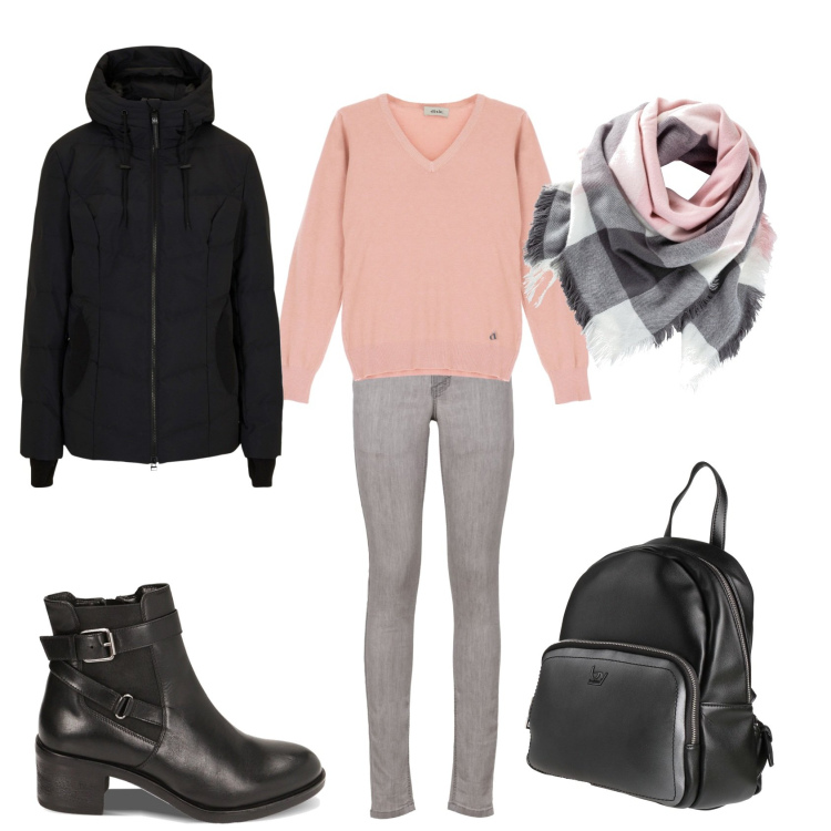 Outfit donna - L\' essenziale. Stile Casual per Tutti i giorni. Abbinamento con jeans skinny, foulard, piumini, zaini, stivaletti chelsea, pullovers.