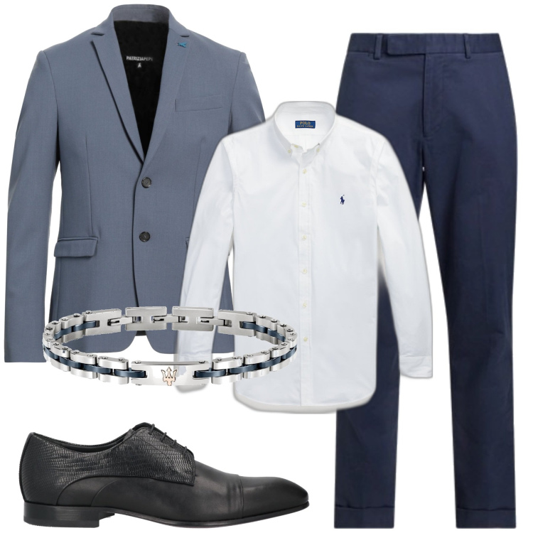 Outfit uomo - Bussiness con personalità. Stile Business/Elegante per Ufficio. Abbinamento con scarpe stringate, giacche, braccialetti, camicie, pantaloni chino.