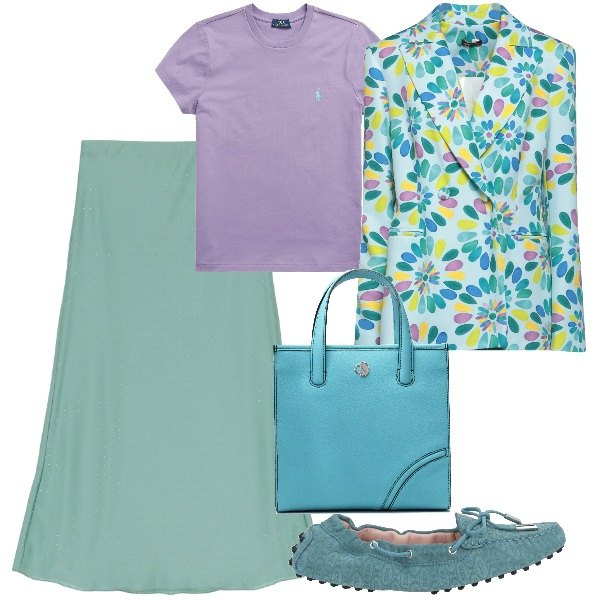 Outfit donna - Fiori primaverili. Stile Romantica per Ufficio. Abbinamento con blazer, mocassini, gonne longuette, t-shirt, shopping bag.