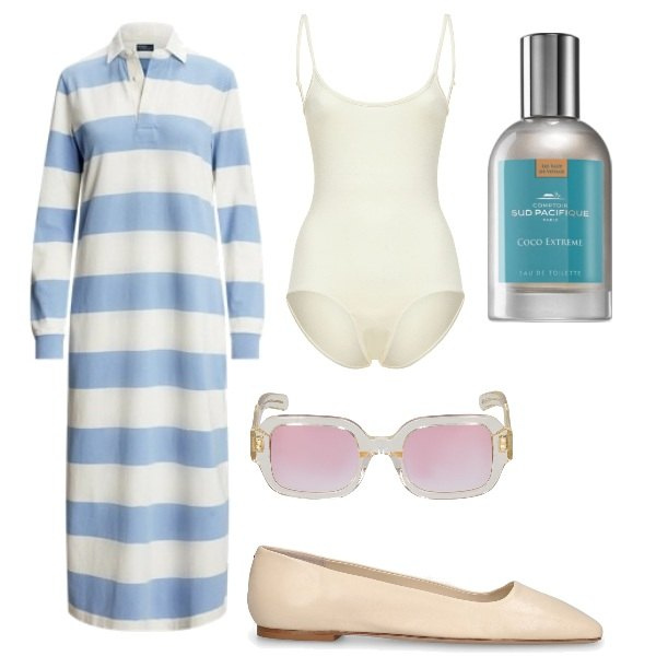 Outfit donna - Lavoro a casa. Stile Basic per Ufficio. Abbinamento con profumi, vestiti asimmetrici, body, ballerine, occhiali da sole.