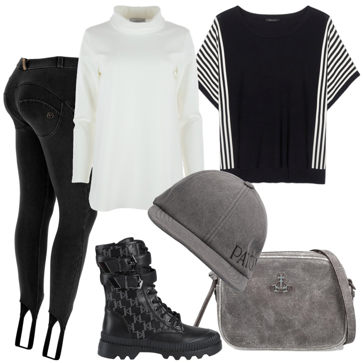 Outfit donna - A passeggio con il tuo cane. Stile Casual per Tutti i giorni. Abbinamento con stivaletti, jeggings, t-shirt, cappelli, borse a spalla, t-shirt.