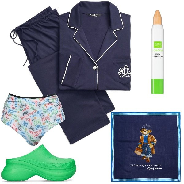 Outfit donna - Routine serale. Stile Basic per Tutti i giorni. Abbinamento con slip, correttori, sciarpe, pigiama, pantofole.