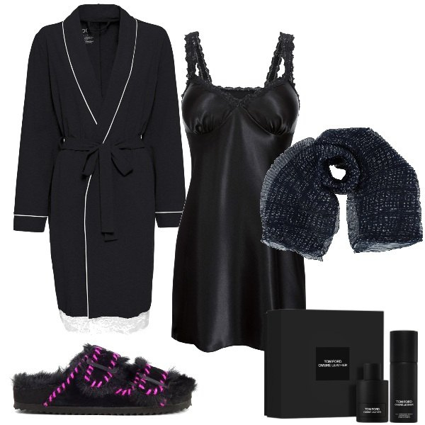 Outfit donna - Night in black. Stile Basic per Tutti i giorni. Abbinamento con vestaglie, vestaglie, sciarpe, profumi, ciabatte.