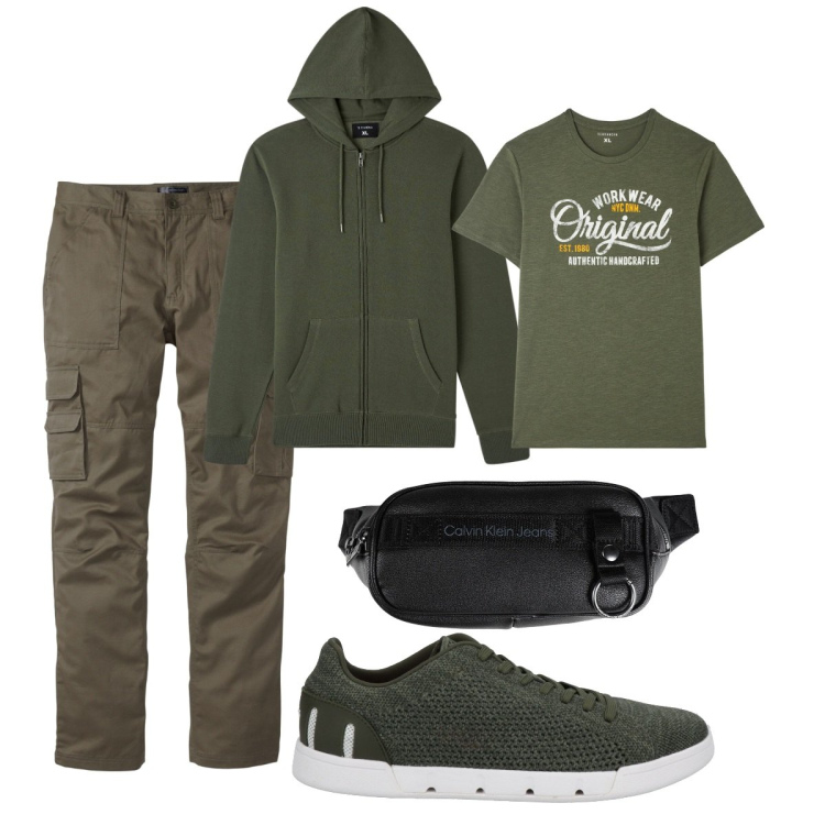 Outfit uomo - Total look #1822769. Stile Casual per Tutti i giorni. Abbinamento con pantaloni cargo, borse sportive, sneakers, t-shirt, felpe con cappuccio.