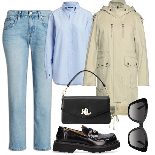 Outfit donna - Easy chic. Stile Chic per Tutti i giorni. Abbinamento con cappotti, occhiali da sole, borse a tracolla, jeans, camicie, mocassini.